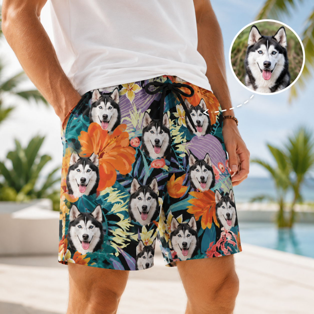 Custom Dog Photo Swim Trunks Personalized Pet Face Beach Shorts for Men THUC99