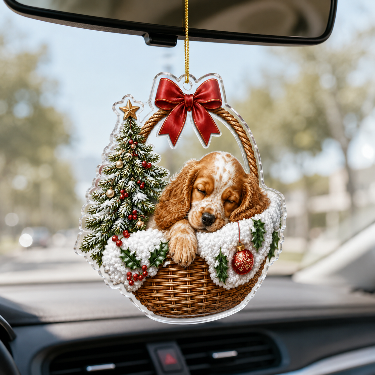 Dog Chrismast With Wicker Basket Spaniel