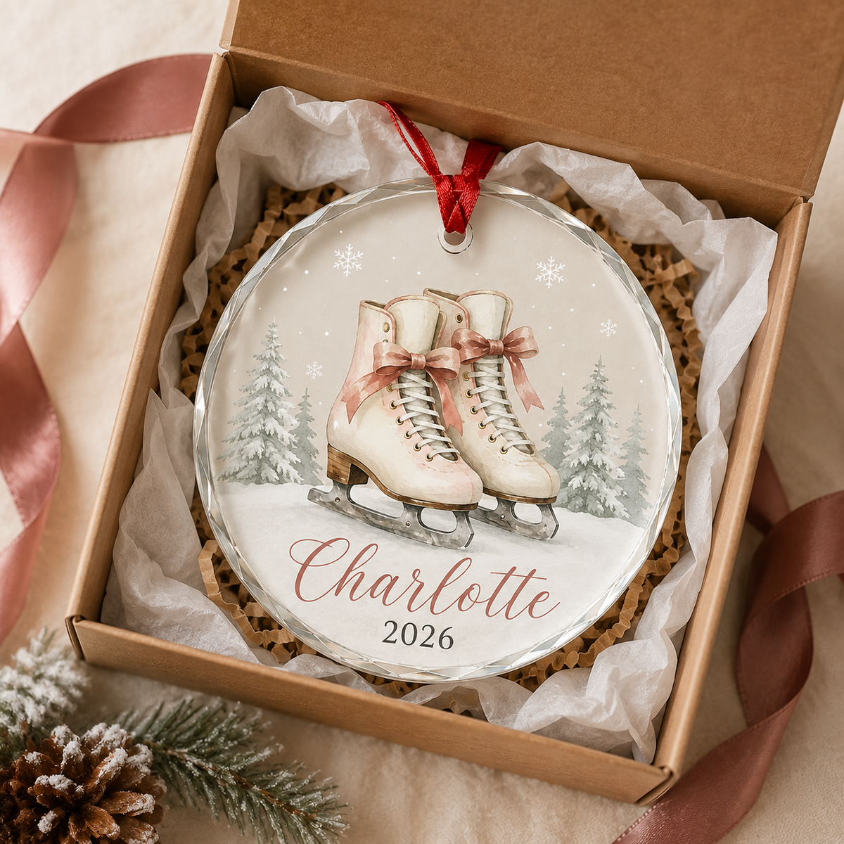 Custom Photo Sport Glass Ornament Ice Skating Pink Skates
