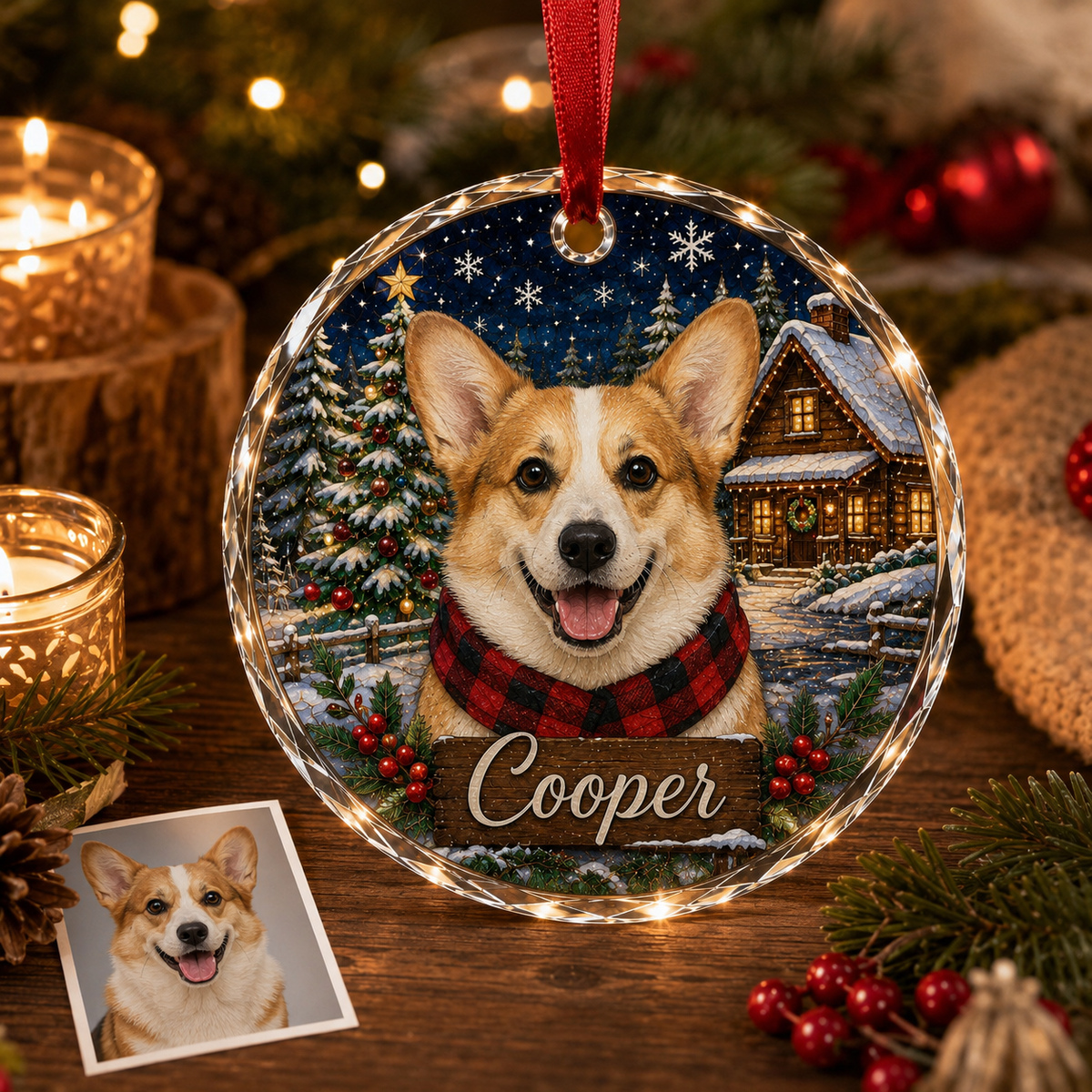 Custom Photo Dog Glass At Winter Christmas Night