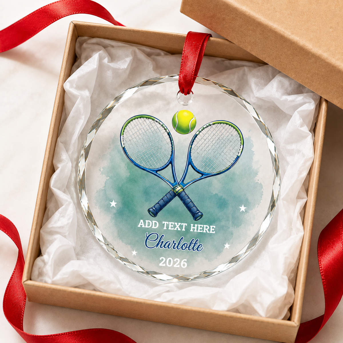 Custom Photo Sport Glass Ornament Tennis Crossed Rackets