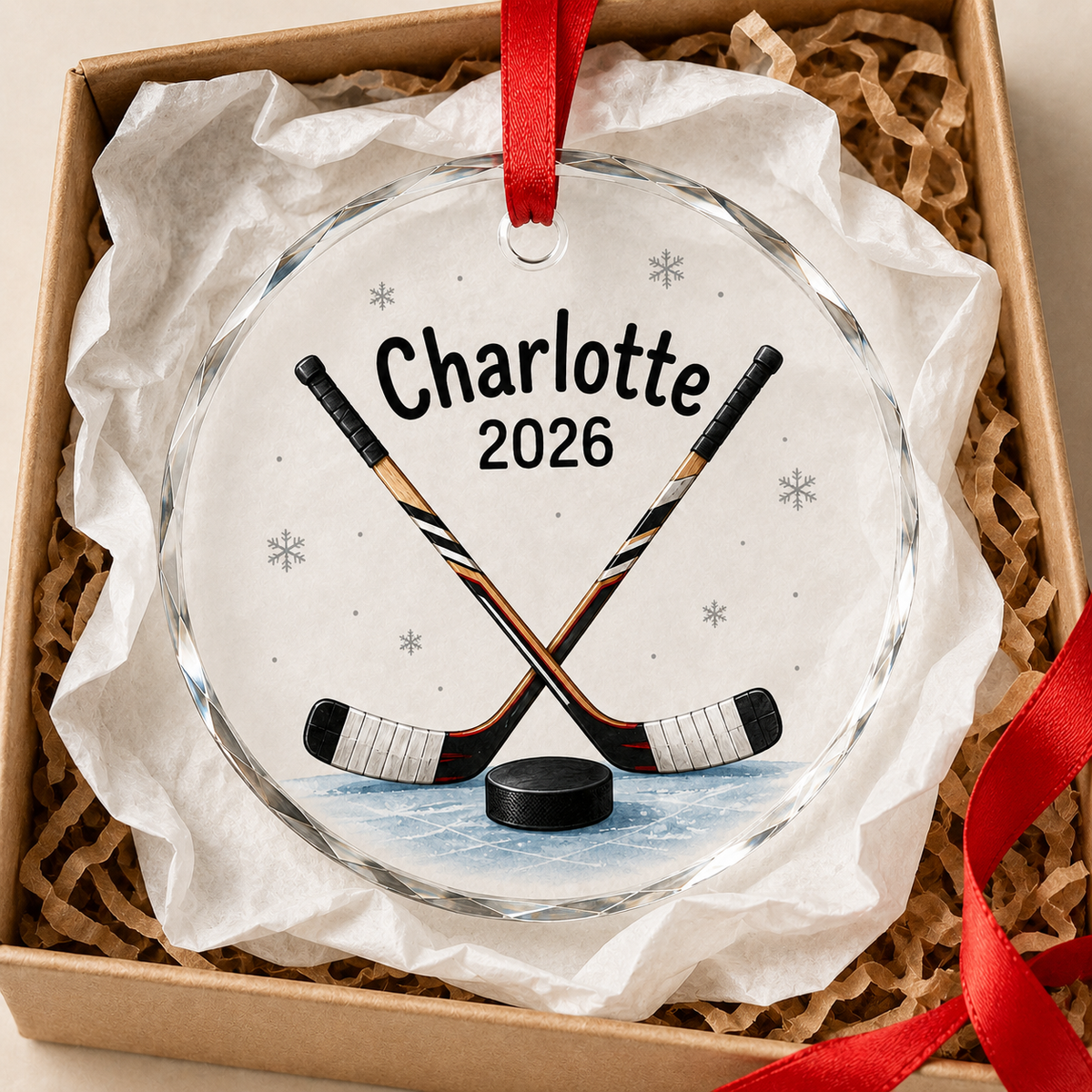Custom Sport Glass Ornament Hockey Sticks and Puck