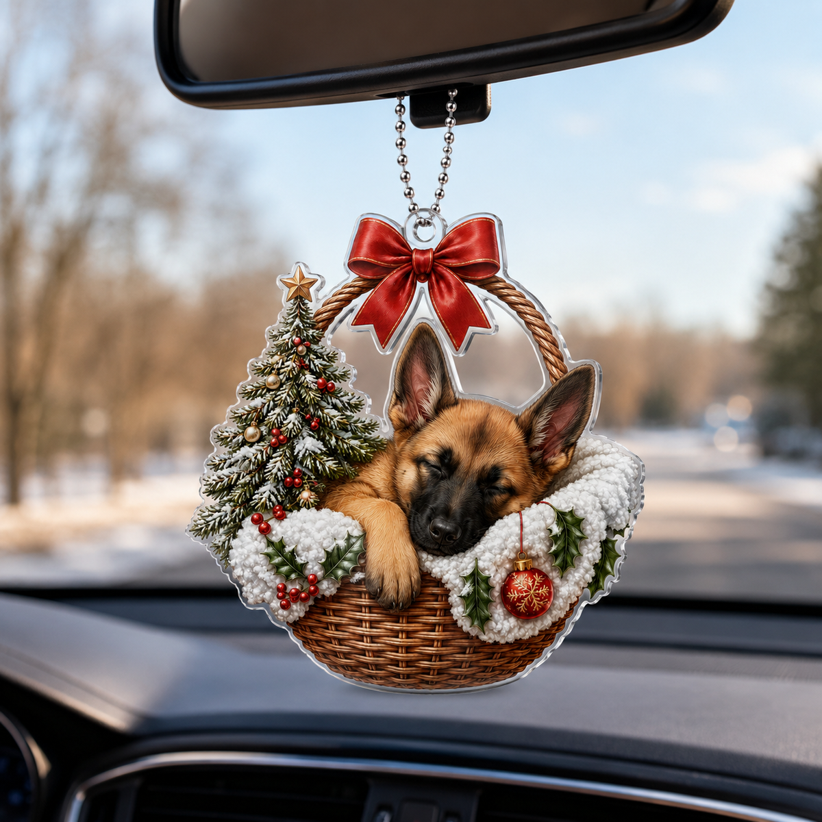 Dog Chrismast With Wicker Basket Belgian Malinois