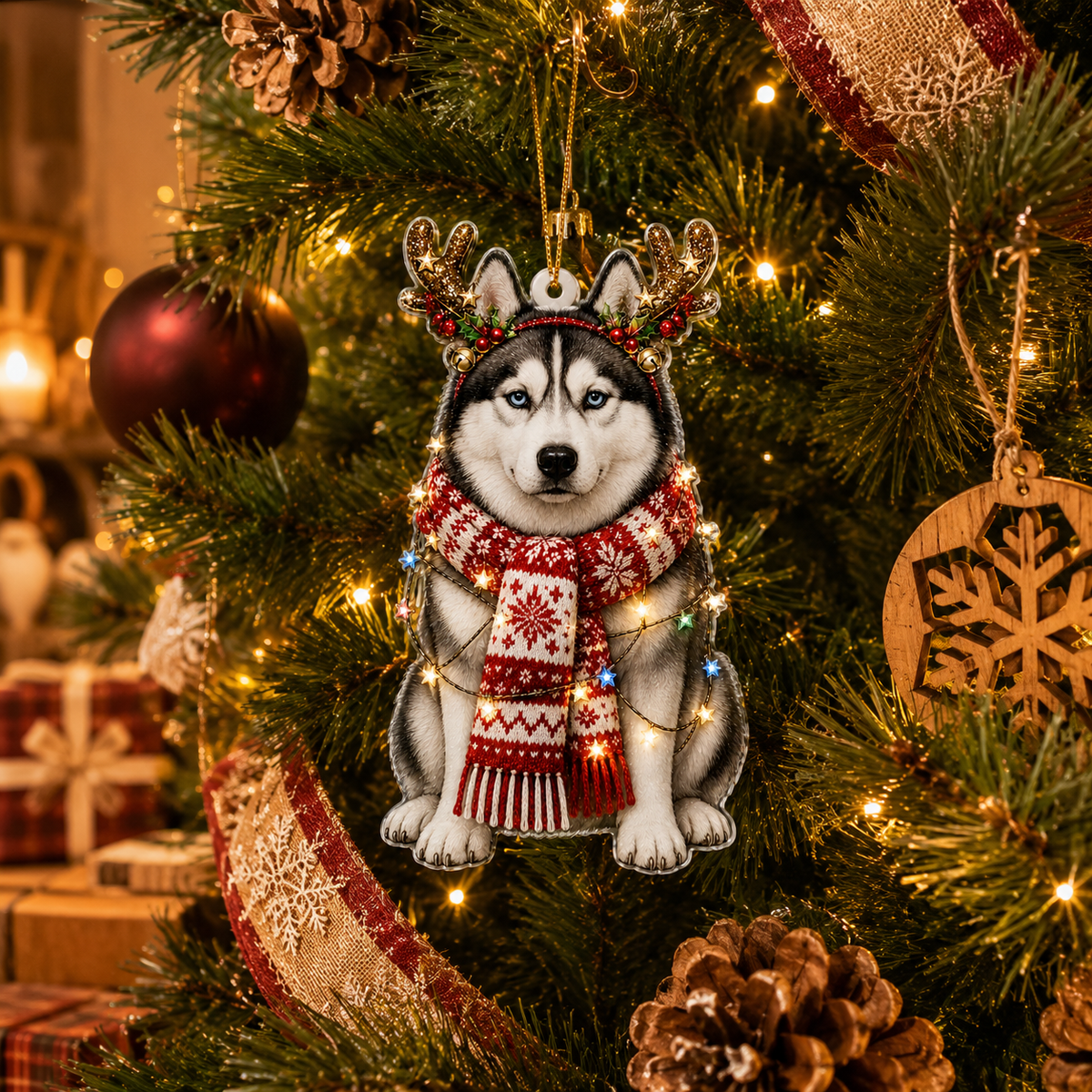 Dog Decor with Antlers & Scarf Siberian Husky