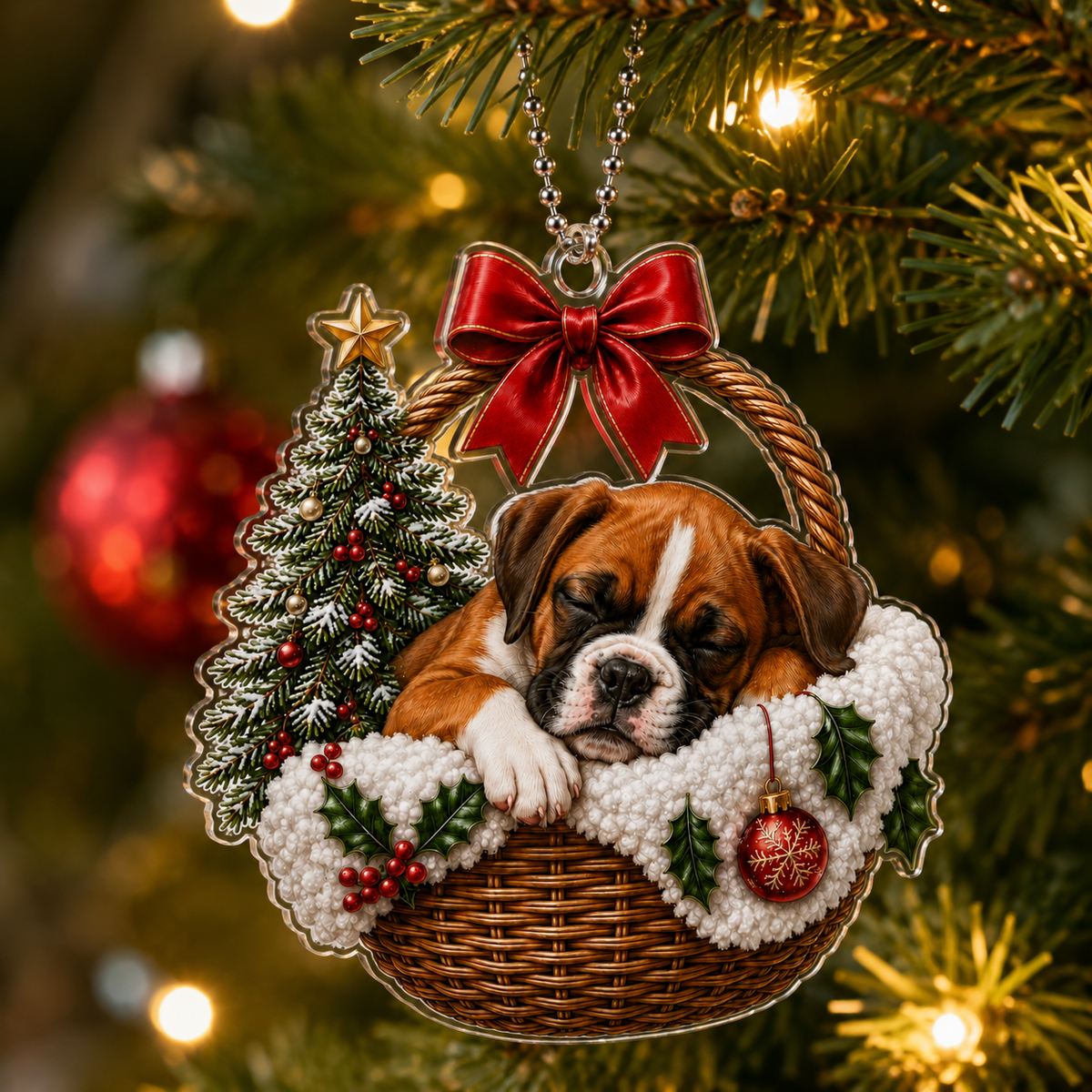 Dog Chrismast With Wicker Basket Boxer