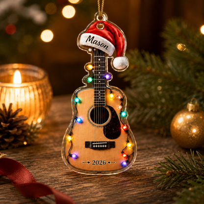 Guitar Custom Name Acrylic - Acoustic Guitar Santa Hat and Lights