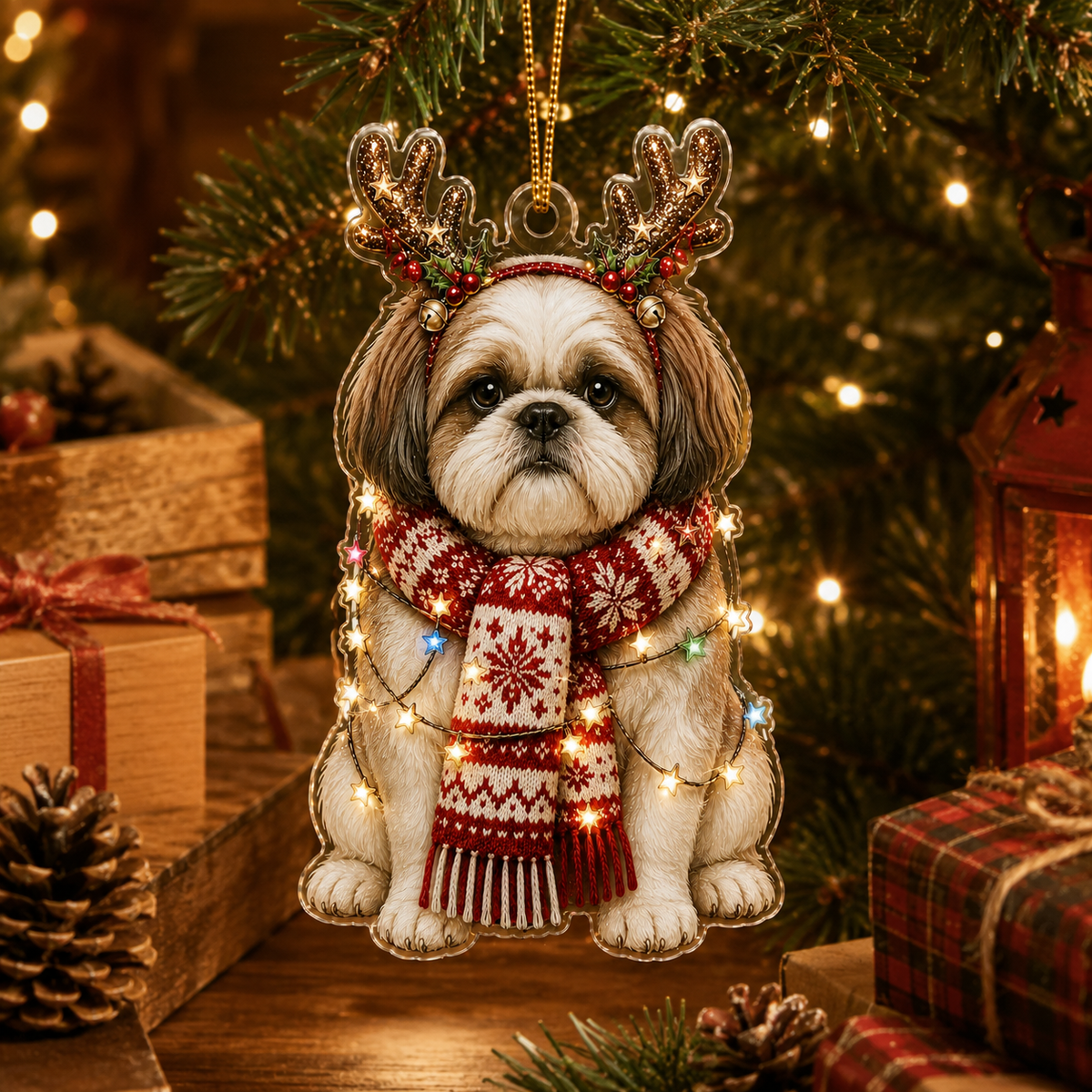Dog Decor with Antlers & Scarf Shih Tzu