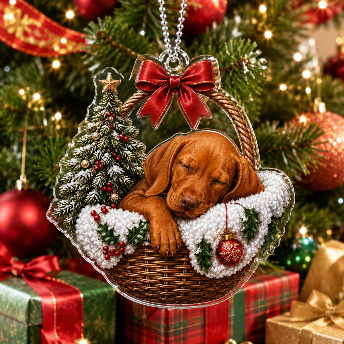 Dog Chrismast With Wicker Basket Vizsla