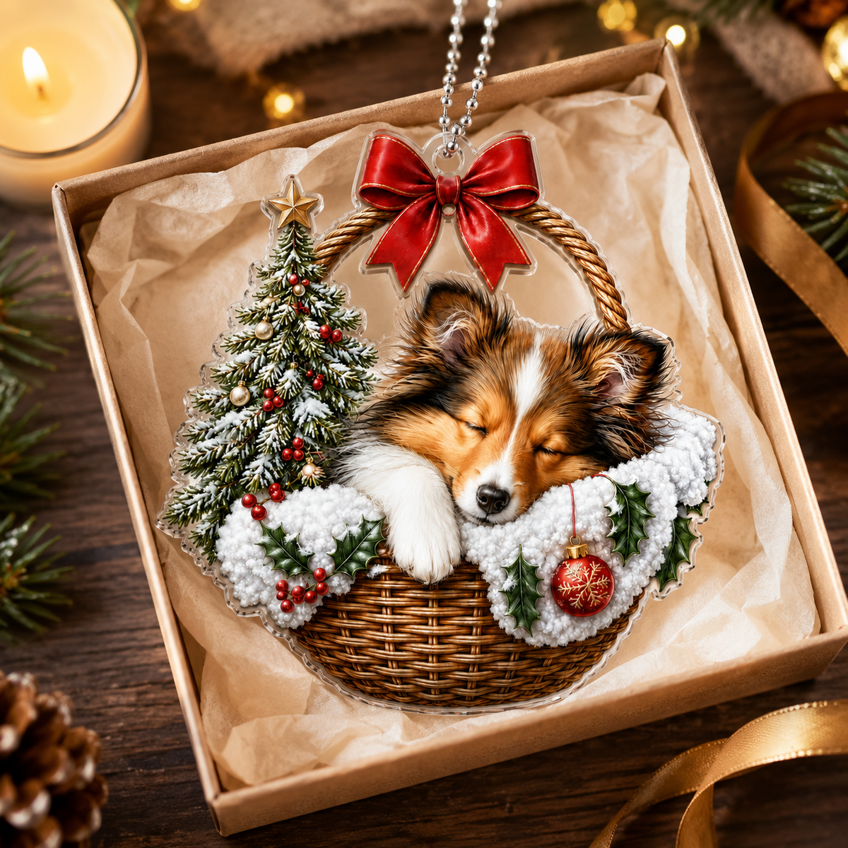 Dog Chrismast With Wicker Basket Sheepdog