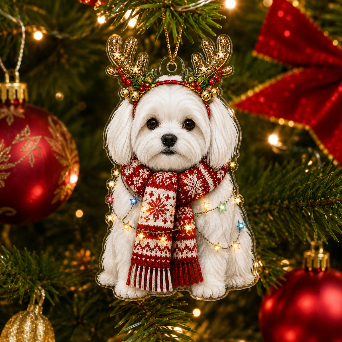 Dog Decor with Antlers & Scarf Maltese