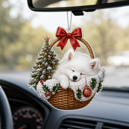 Dog Chrismast With Wicker Basket Japanese spiz