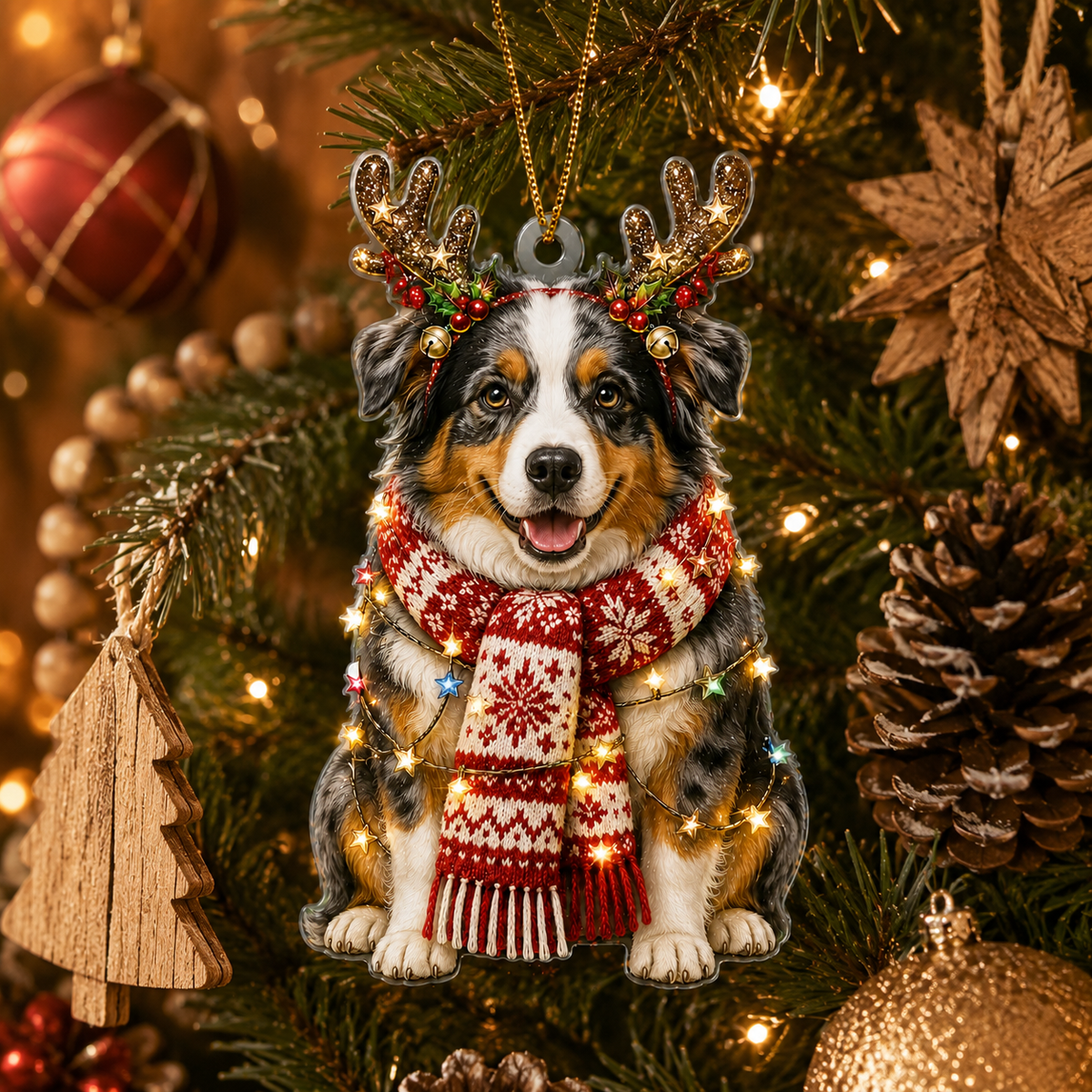 Dog Decor with Antlers & Scarf Australian Shepherd