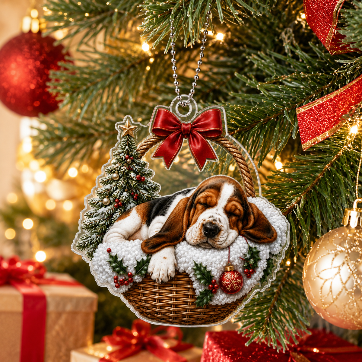 Dog Chrismast With Wicker Basket Basset Hound