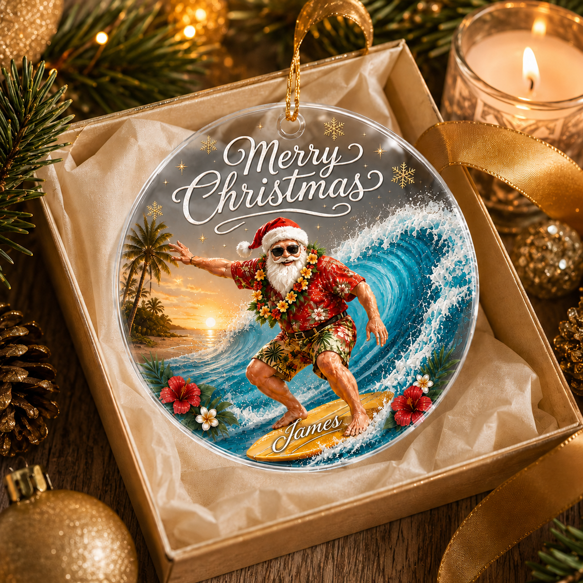 Surfing Personalize Acrylic Tropical Santa Surfing