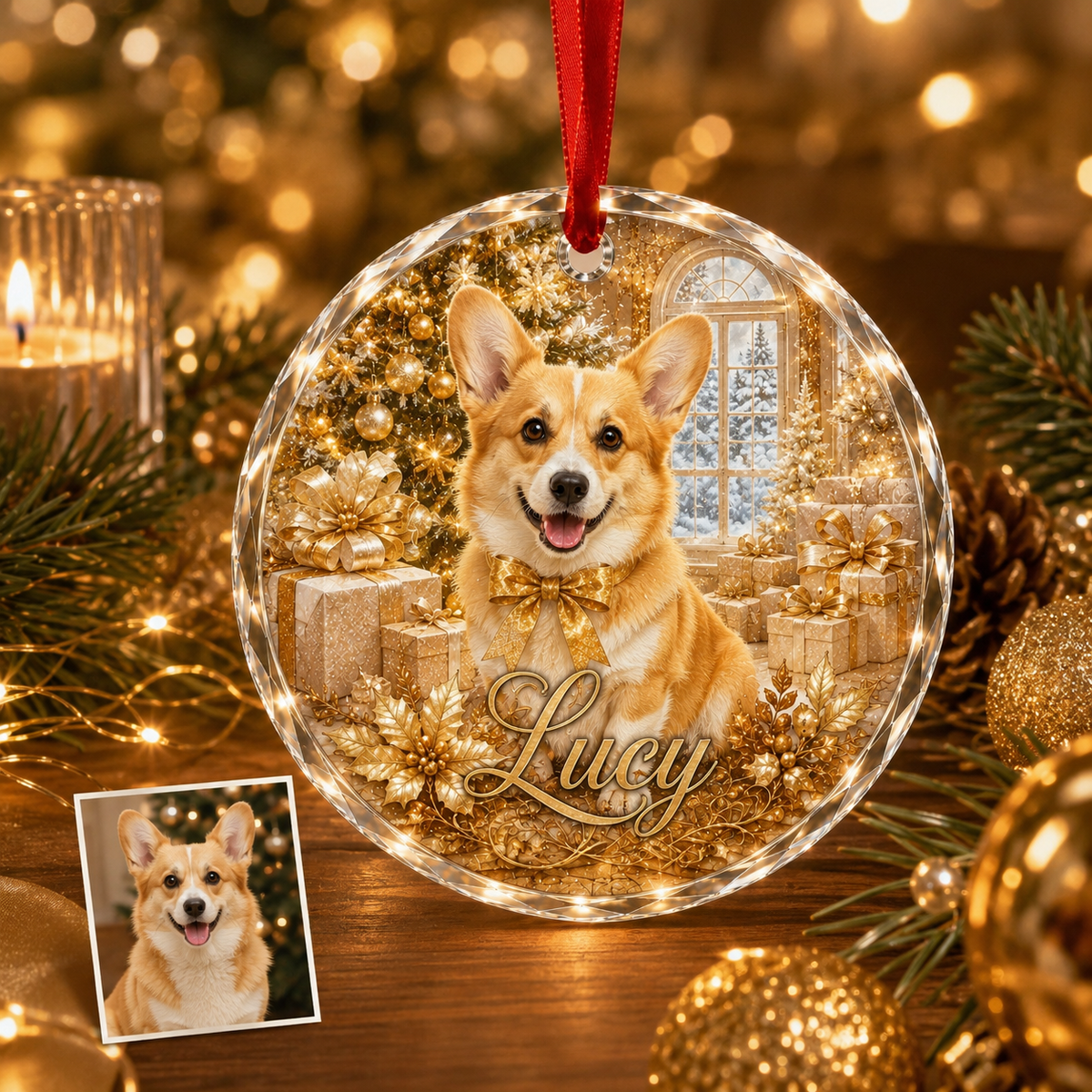 Custom Photo Dog Glass Dog With Yellow Present