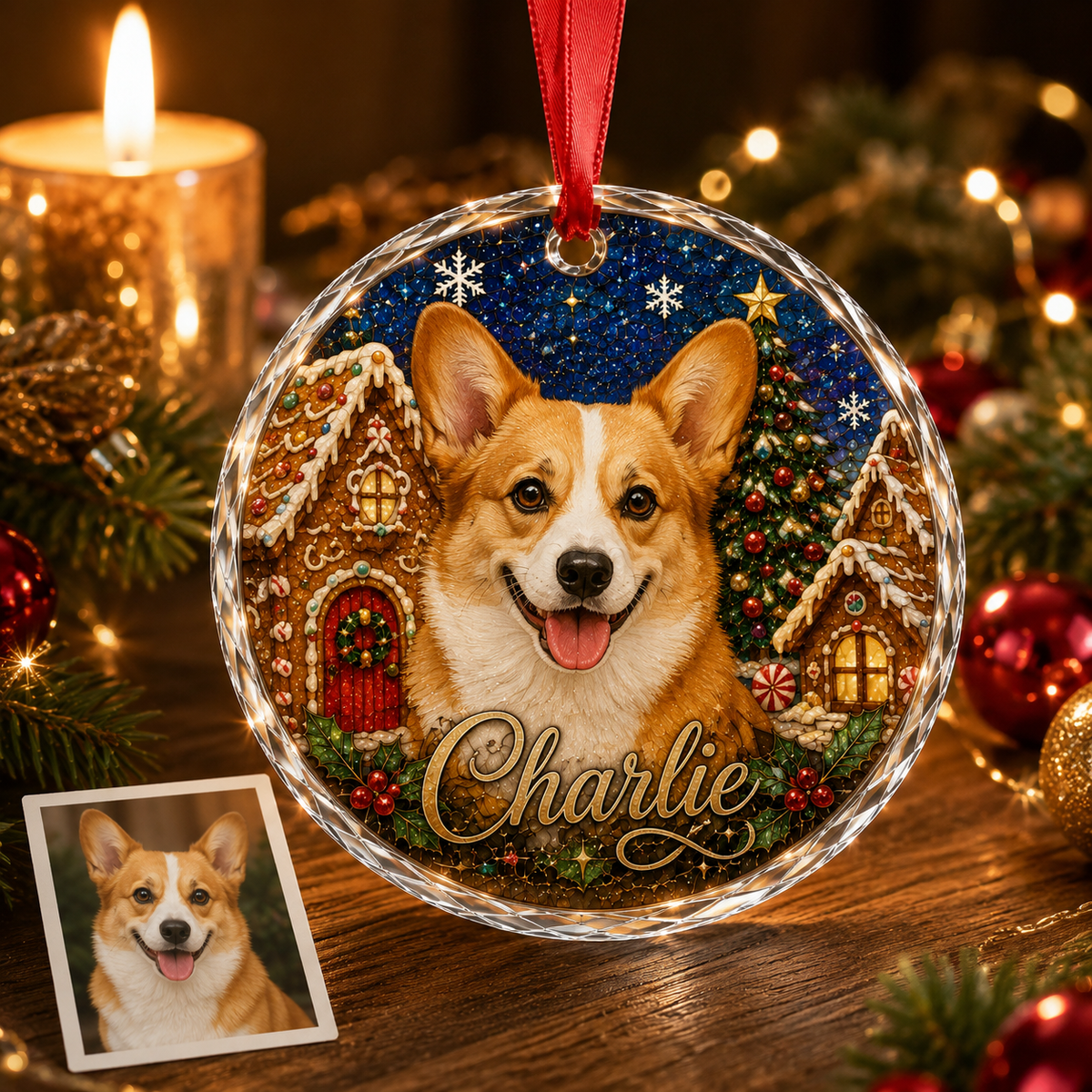 Custom Photo Dog Glass Dog With Gingerbread Village