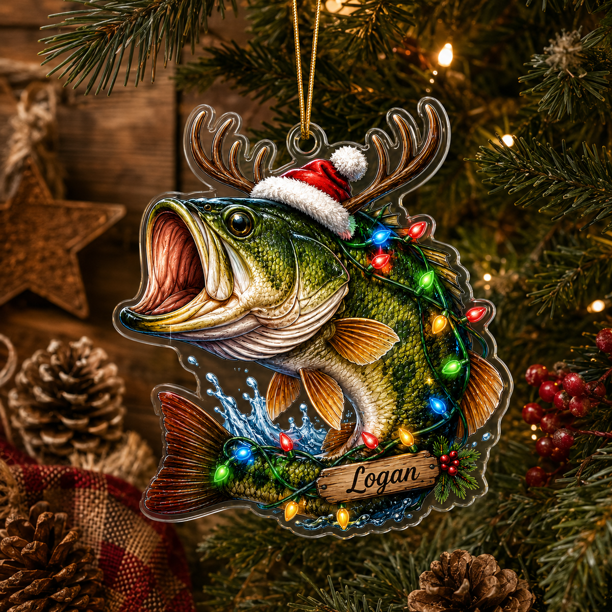 Personalized Fishing Christmas Reindeer Bass Acrylic