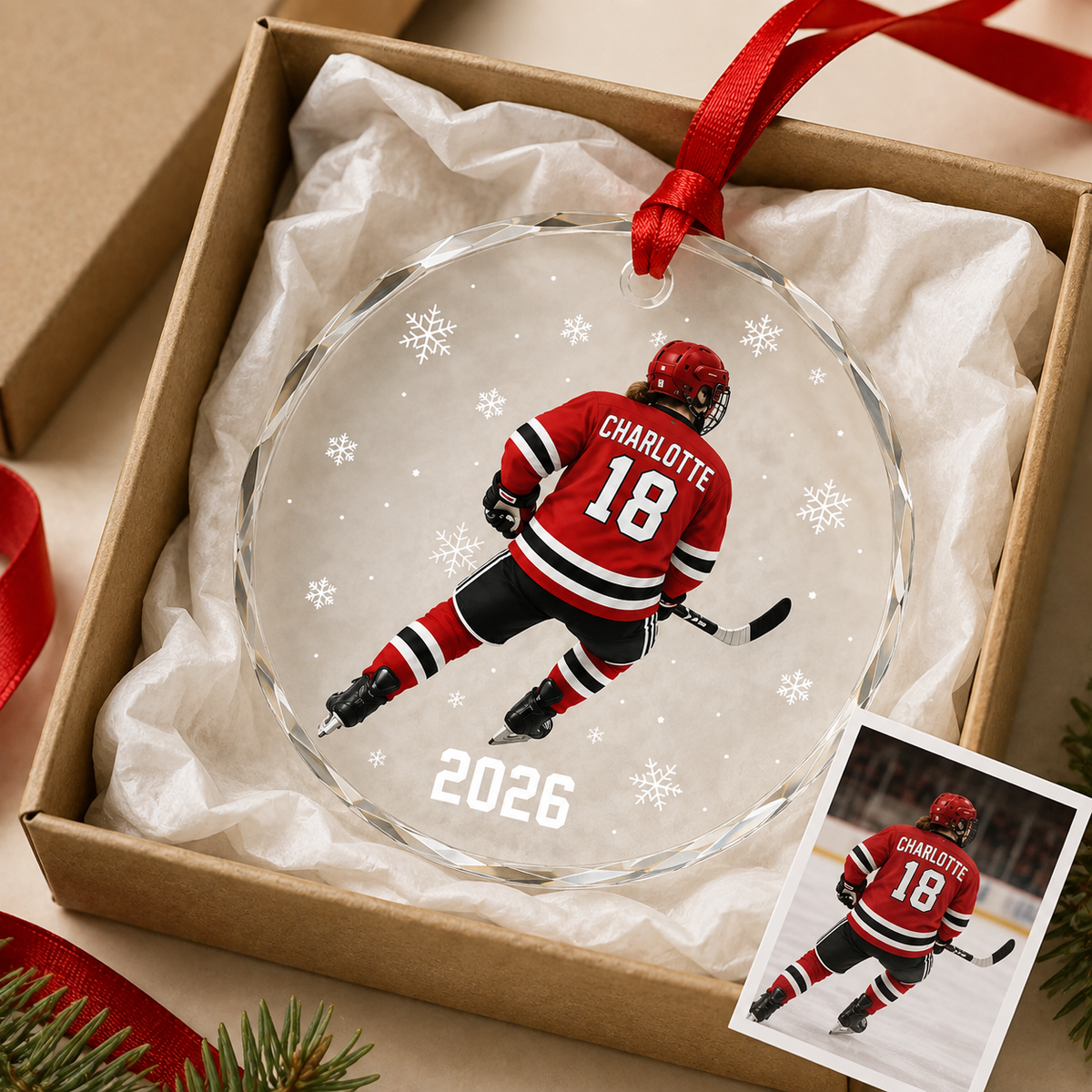 Custom Photo Sport Glass Ornament Hockey Red Jersey