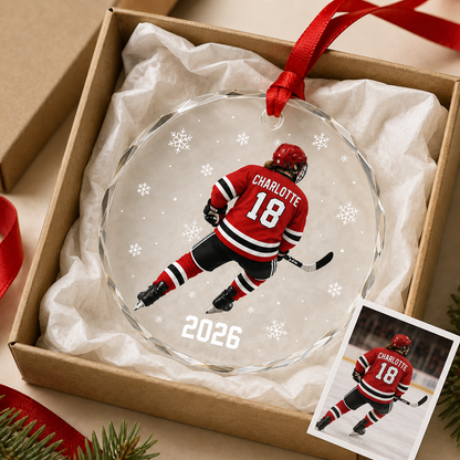 Custom Photo Sport Glass Ornament Hockey Red Jersey