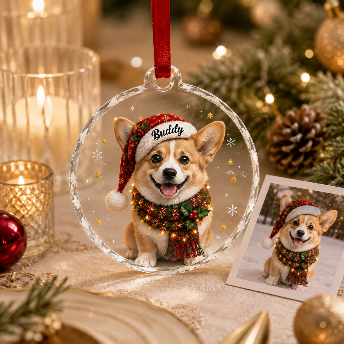 Custom Photo Dog Glass Potrait Dog With Santa Hat