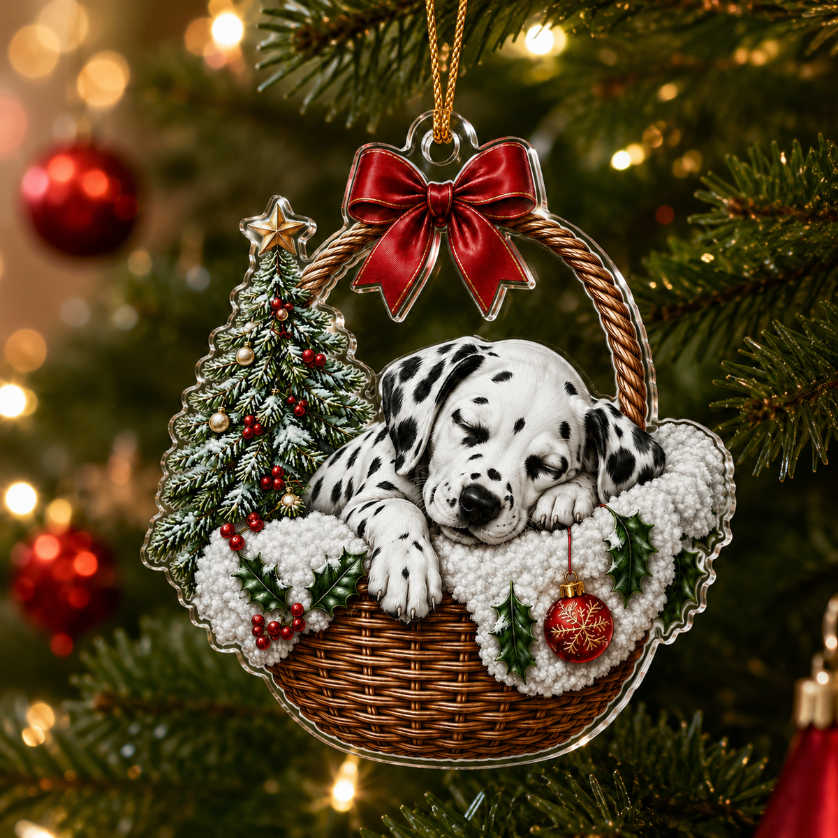 Dog Chrismast With Wicker Basket Dalmantian