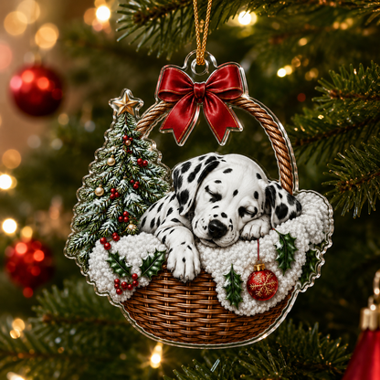 Dog Chrismast With Wicker Basket Dalmantian