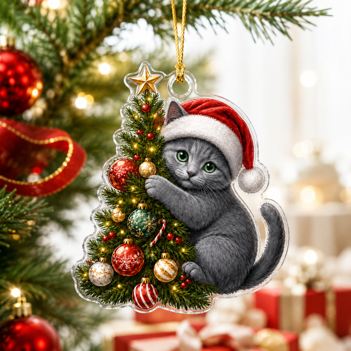 Cat With Christmas Tree Russian Blue