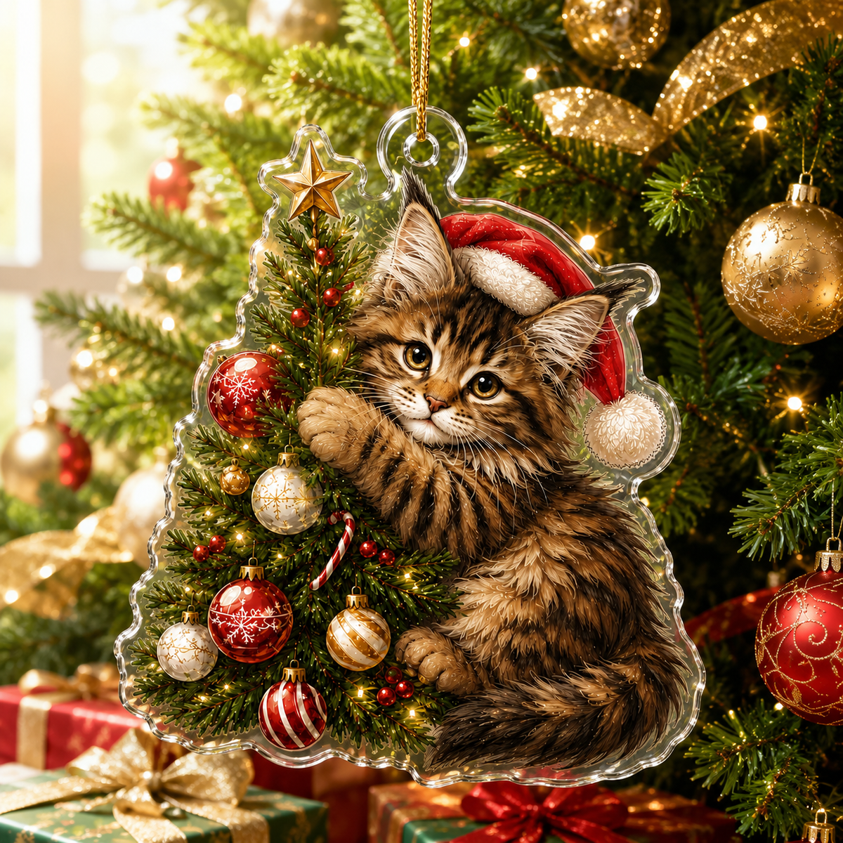 Cat With Christmas Tree Maine Coon
