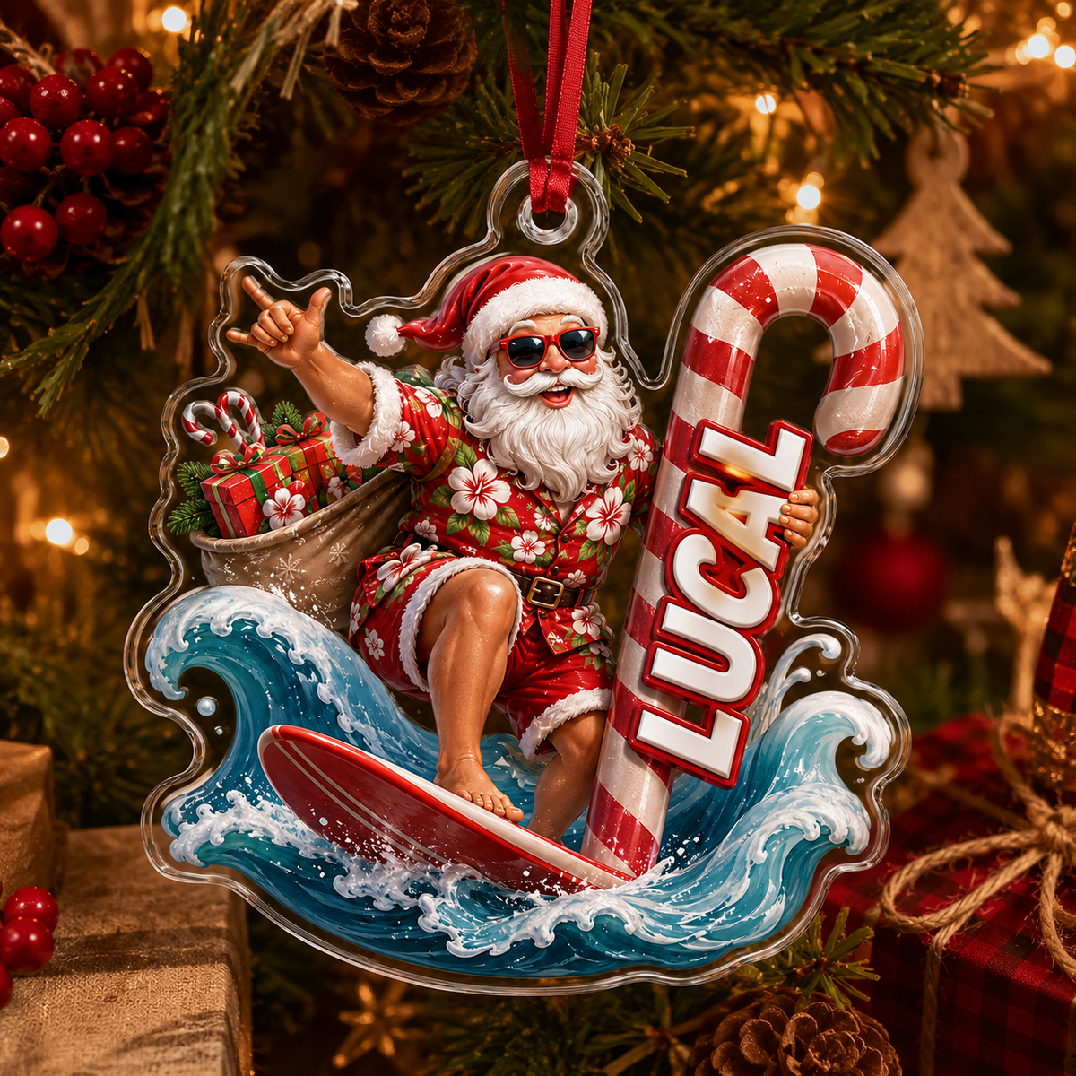 Surfing Personalize Acrylic Santa Surfing