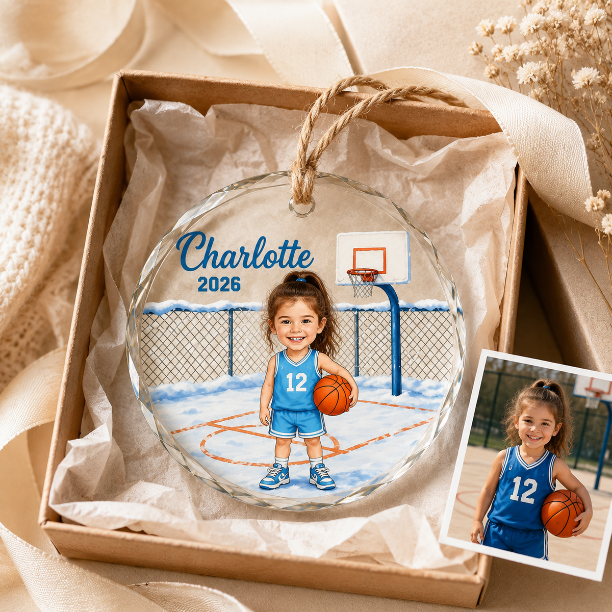 Custom Photo Sport Glass Ornament Basketball Winter Cartoon
