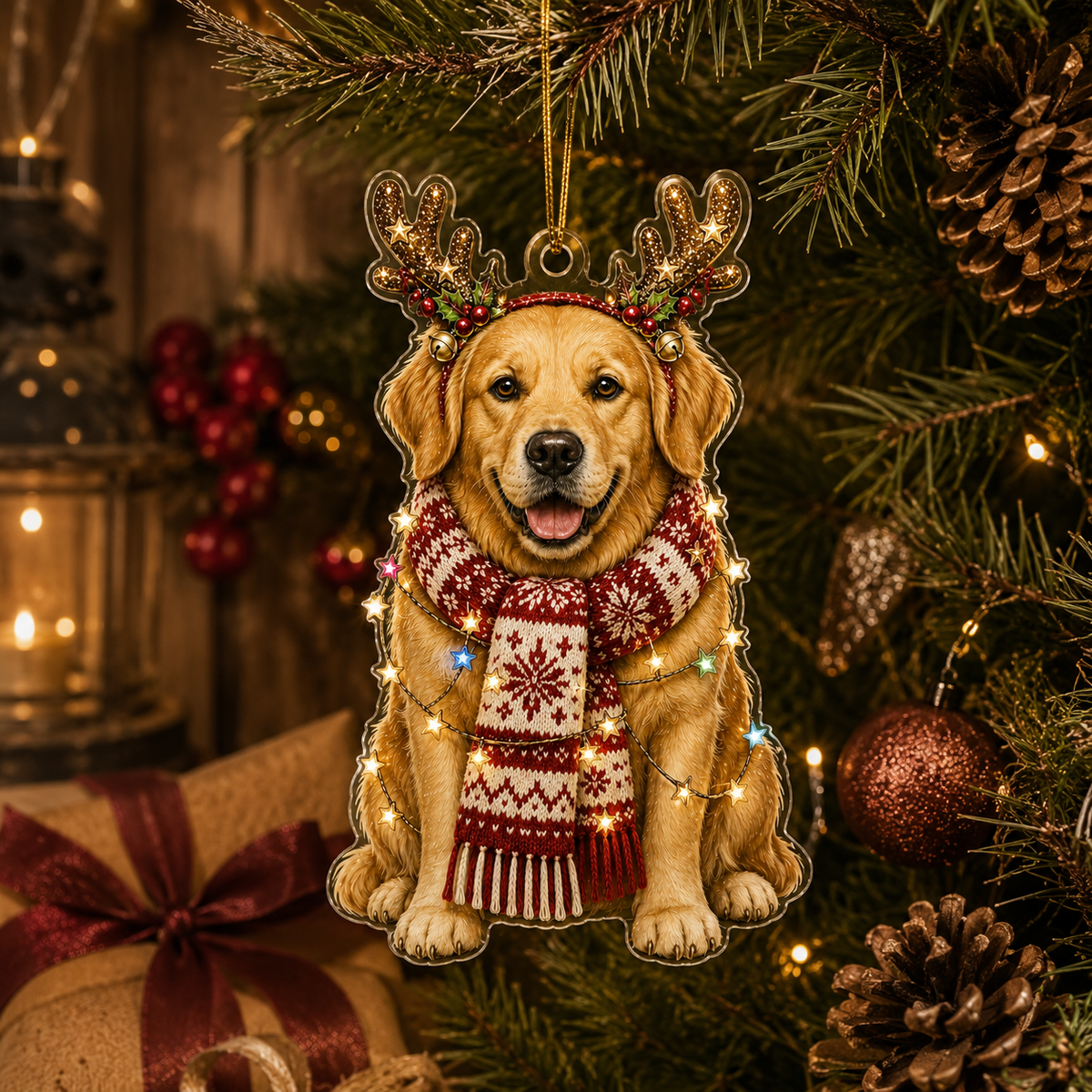 Dog Decor with Antlers & Scarf Golden Retriever