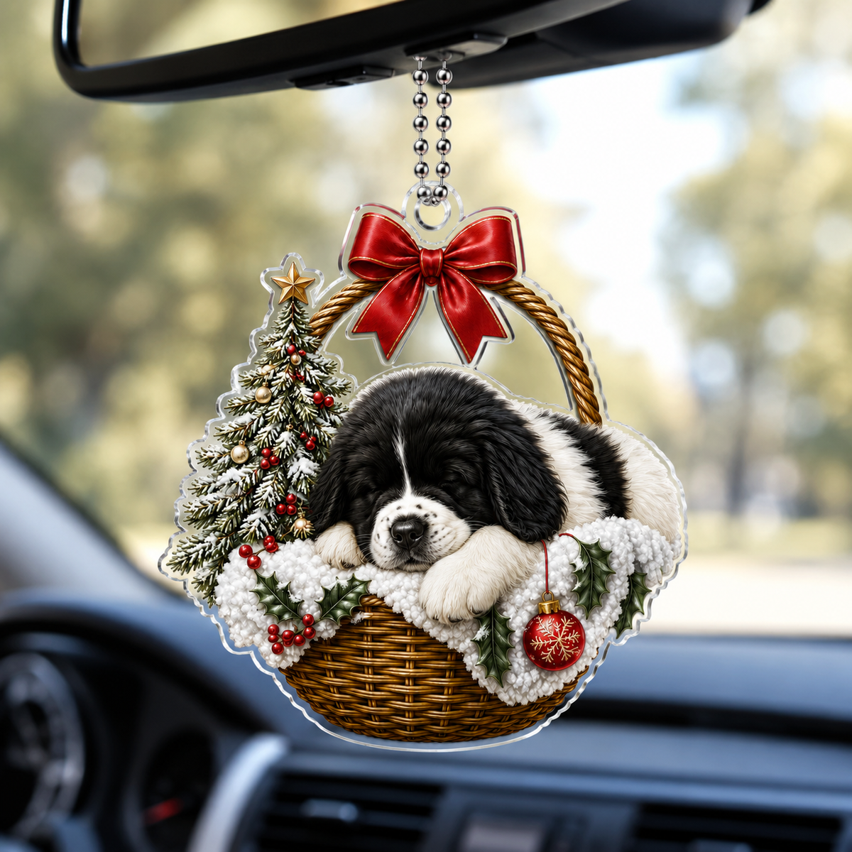 Dog Chrismast With Wicker Basket Newfoundland