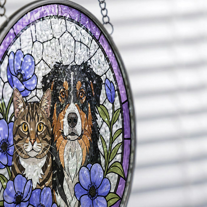 Custom Dog & Cat Stained Glass Suncatcher – Personalized Pet Portrait Window Hanging THUC99