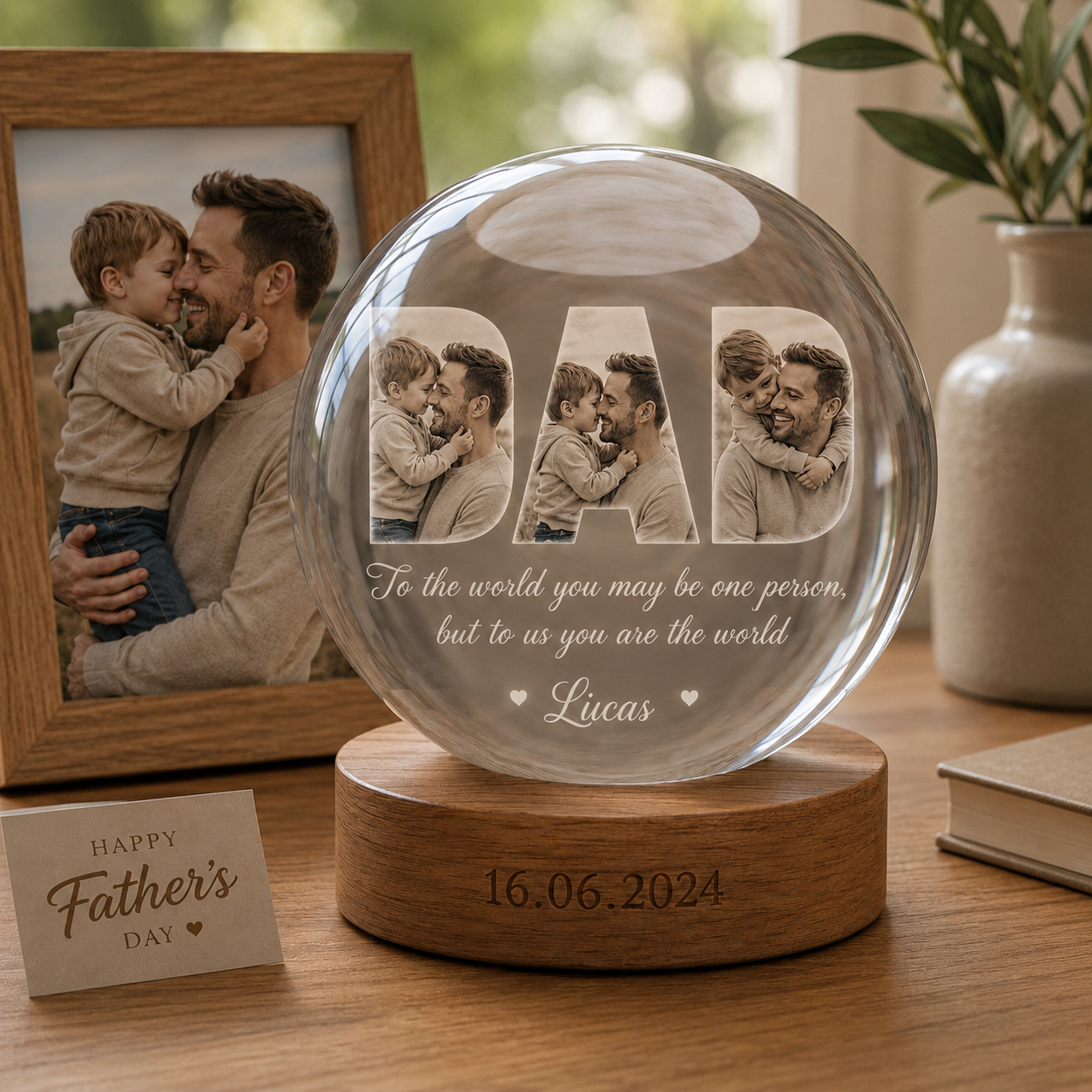 Custom Dad Crystal Ball Night Light, Personalized Photo Lamp, Father’s Day Gift For Dad THUC99