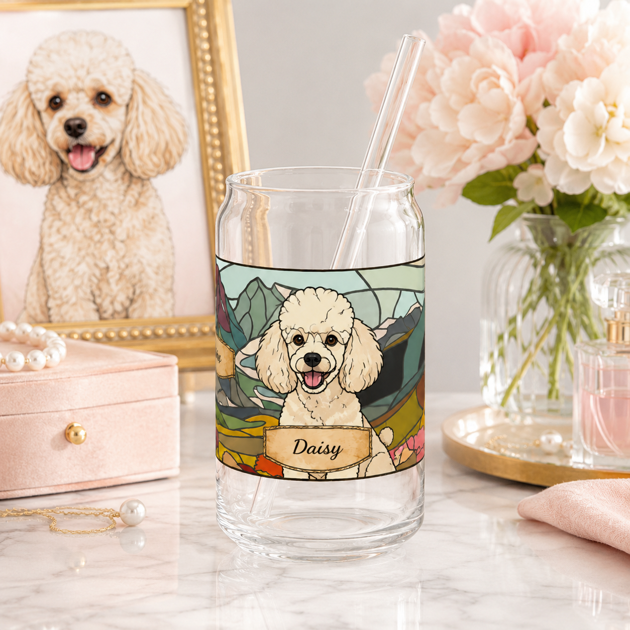 Custom Pet Image Sipper Tumbler – 16oz Glass Cup with Bamboo Lid and Straw THUC99