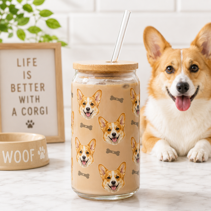 Custom Dog Photo Sipper Glass 16oz – Personalized Glass Tumbler with Bamboo Lid & Straw THUC99
