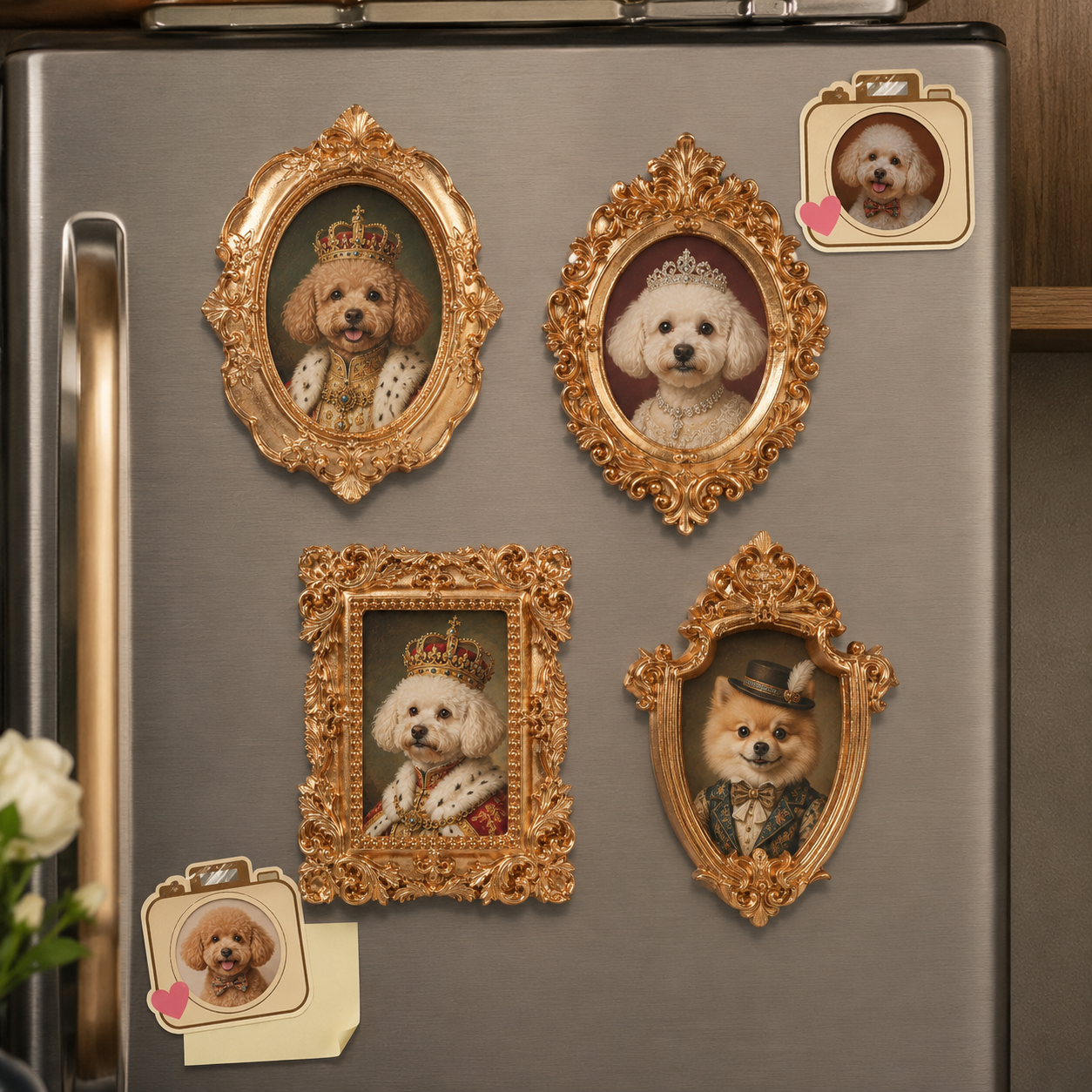 Custom Dog Vintage Photo Frame Magnet, Personalized Pet Portrait Fridge Magnet, Gold Frame Dog Artwork Magnet THUC99