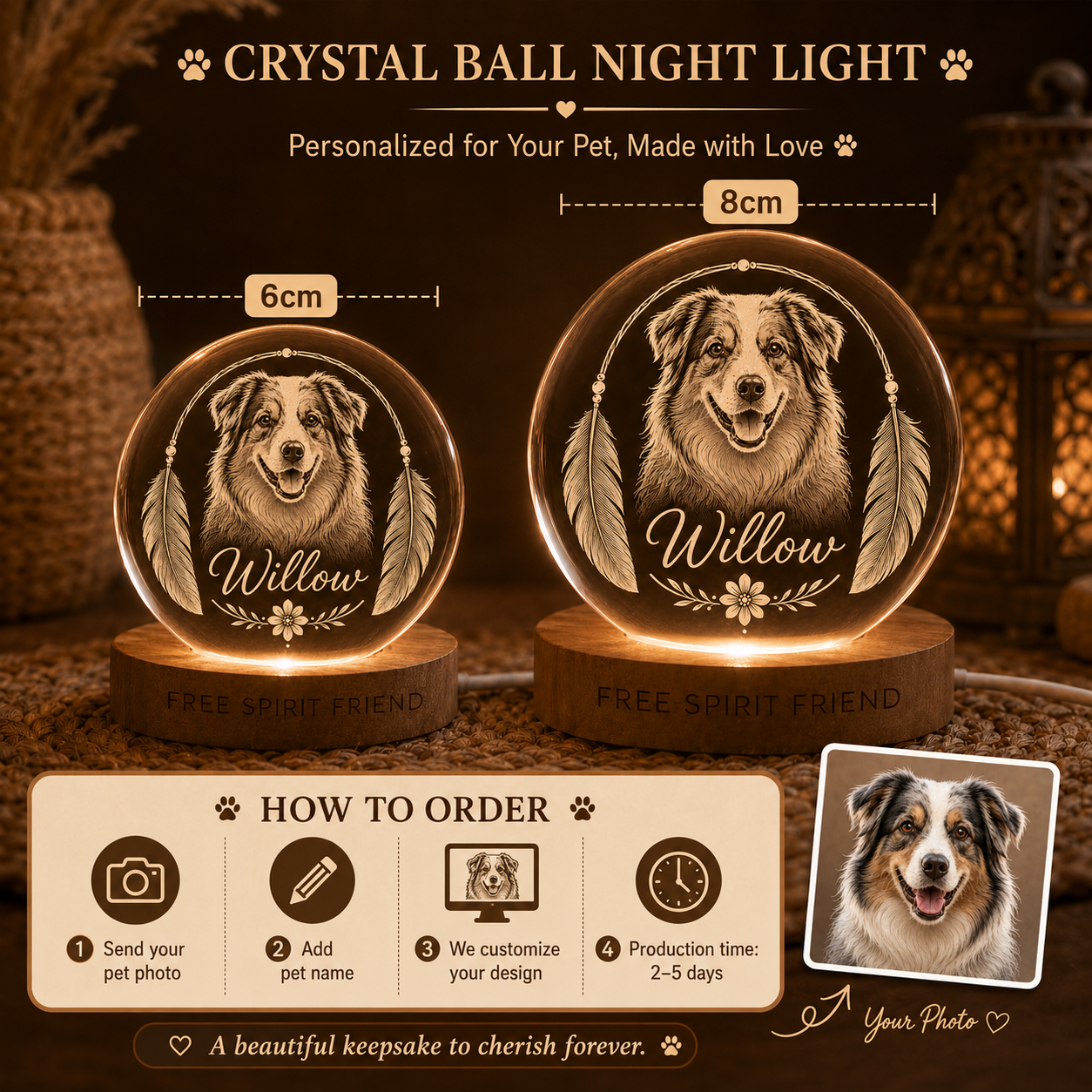 Dog Photo Crystal Ball Night Light, Custom Pet Memorial Lamp, Personalized Dog Gift THUC99
