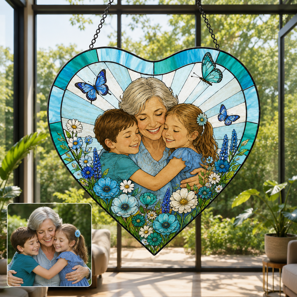 Personalized Grandma Photo Window Hanging Suncatcher, Custom Family Portrait Stained Glass Gift THUC99