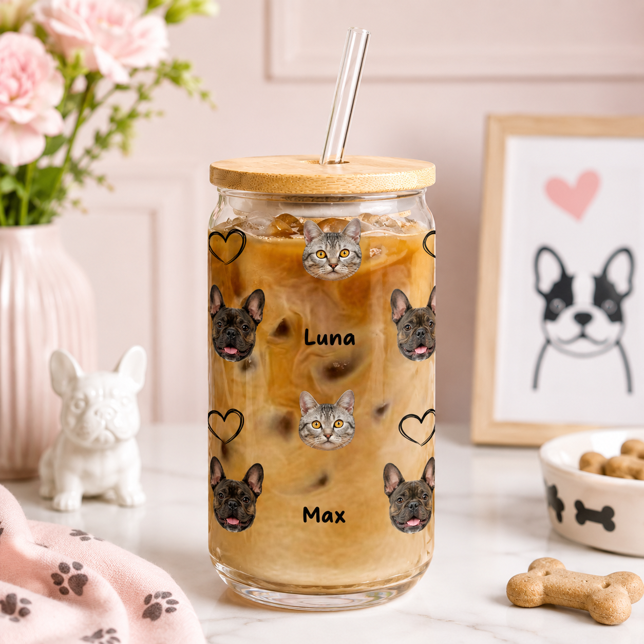 Custom Photo Dog Sipper Glass 16oz – Personalized Glass Cup with Bamboo Lid & Straw Gift For Dog Lover THUC99