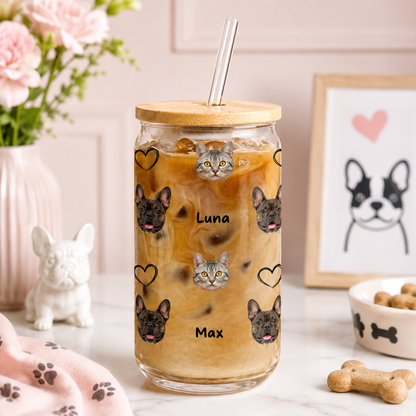 Custom Photo Dog Sipper Glass 16oz – Personalized Glass Cup with Bamboo Lid & Straw Gift For Dog Lover THUC99
