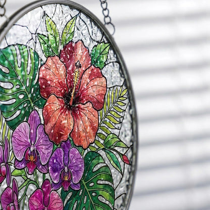 Personalized Tropical Flower Stained Glass Suncatcher – Custom Name Window Hanging, Hibiscus & Orchid Decor (THUC99)
