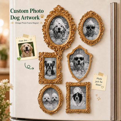 Custom Dog Artwork Magnet, Vintage Gold Photo Frame Magnet, Personalized Pet Keepsake THUC99