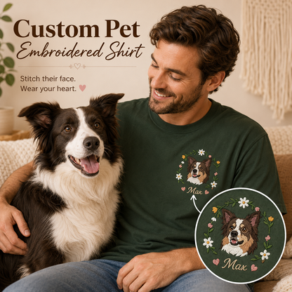 Custom Photo Dog Embroidered Unisex T-Shirt, Personalized Pet Portrait Shirt, Dog Mom Dad Gift THUC99