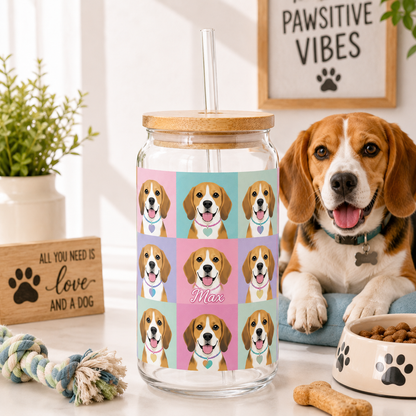 Custom Dog Photo Sipper Glass 16oz – Personalized Glass Tumbler with Bamboo Lid & Straw THUC99