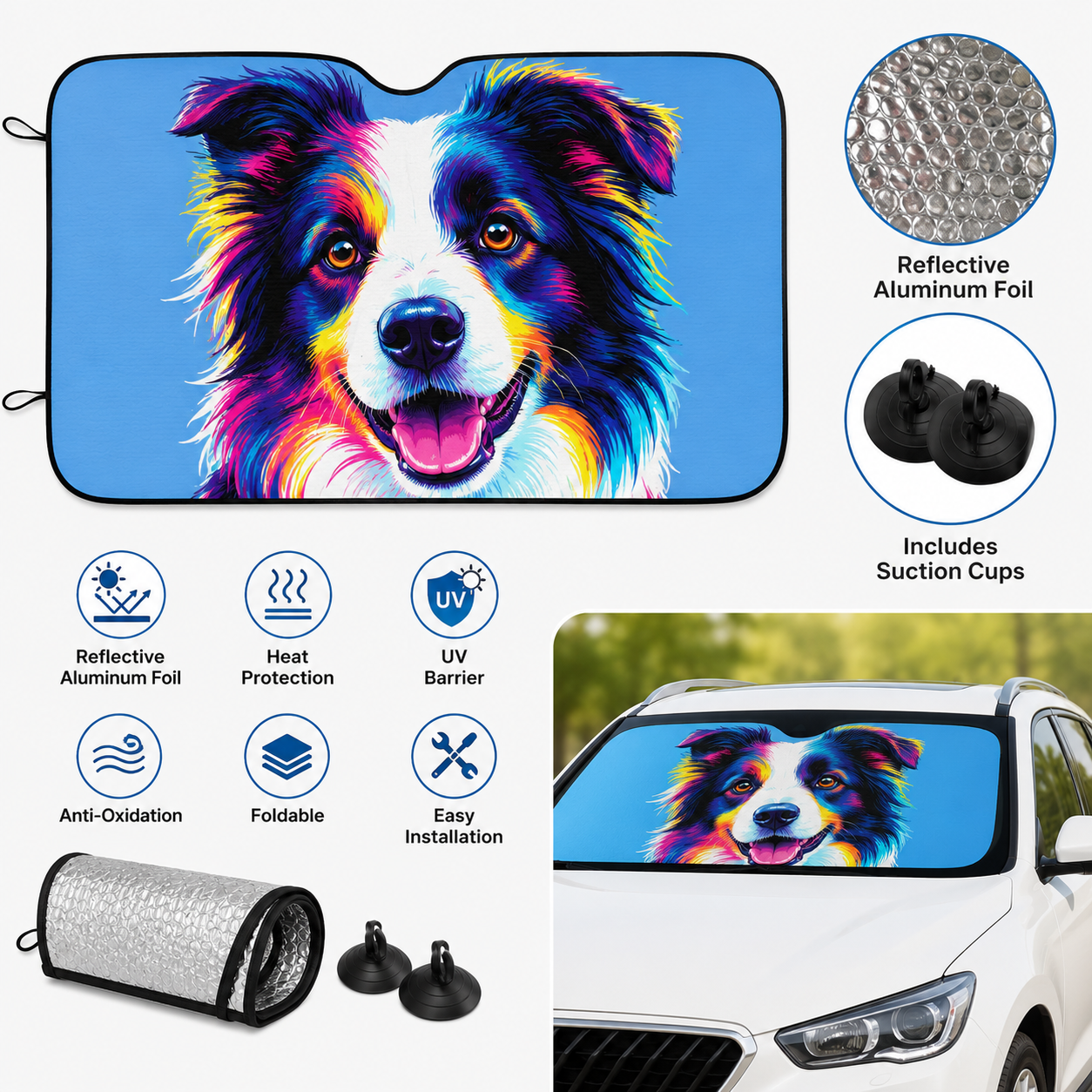 Personalized Dog Car Sun Shade, Custom Pet Photo Windshield Cover, Foldable Auto Sunshade for Dog Lovers THUC99