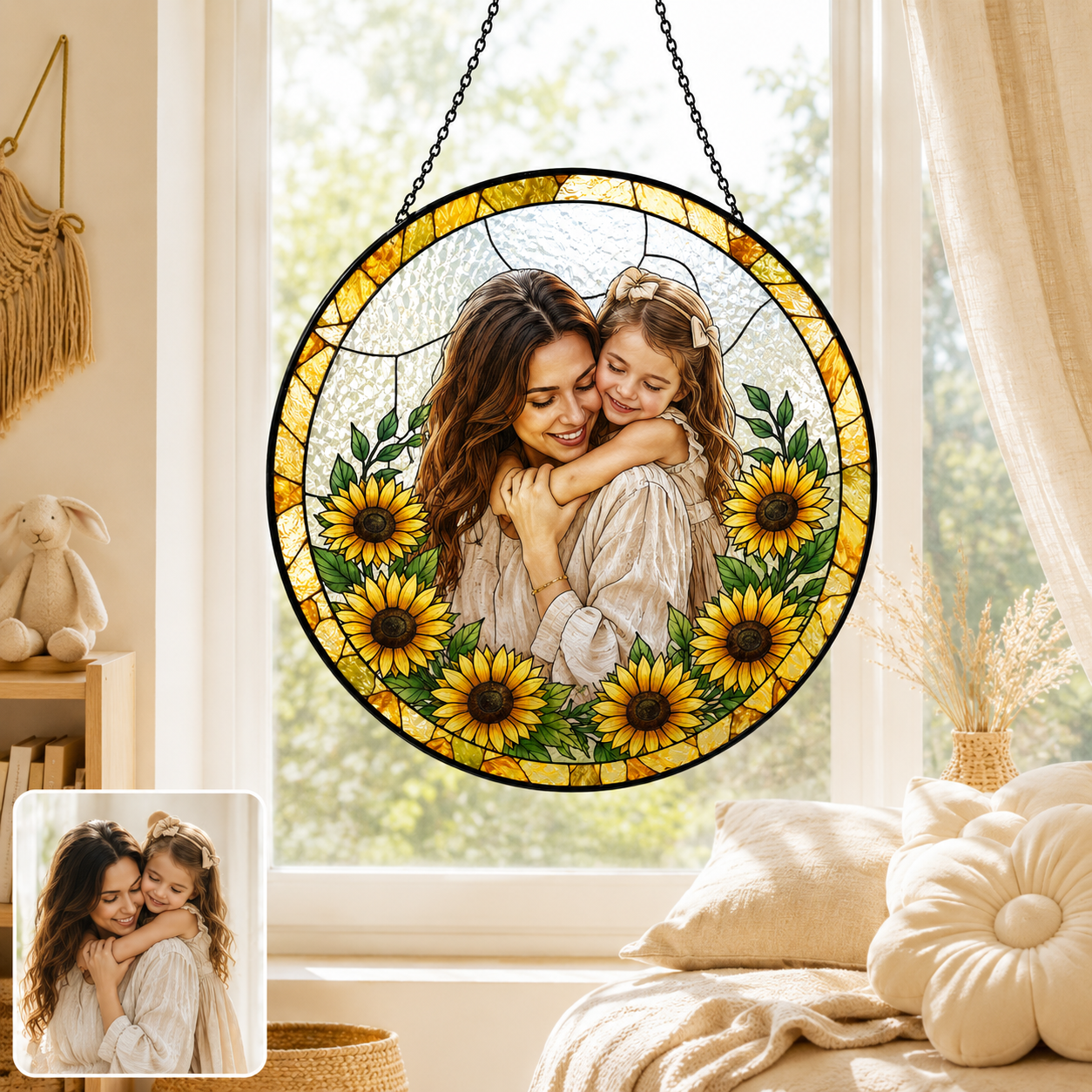 Custom Photo Mom Stained Glass Window Hanging, Personalized Mother’s Day Suncatcher Keepsake THUC99