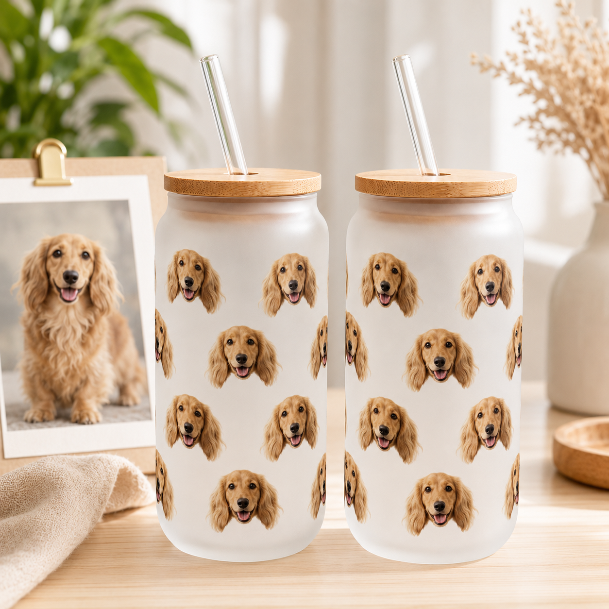 Custom Dog Photo Iced Coffee Glass – 16oz Personalized Cup with Bamboo Lid THUC99