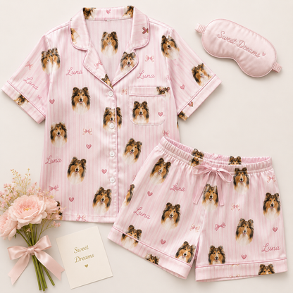 Custom Dog Face Printed Satin Pajamas Set Personalized Pet Photo Sleepwear for Her THUC99