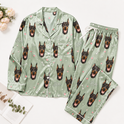 Custom Dog Photo Silk-Look Pajama Set Personalized Nightwear for Women THUC99